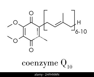 Coenzima Q10 (ubichinone, ubidecarenone, CoQ10) molecola, struttura chimica. Svolge un ruolo essenziale nella produzione di energia cellulare; ha antiox Illustrazione Vettoriale