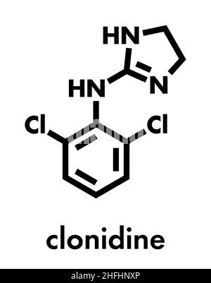 Clonidine drug molecule. Used in treatment of ADHD, hypertension, migraine, anxiety disorders, etc. Skeletal formula. Stock Vector