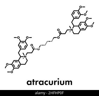 Atracurio muscolo scheletrico rilassante farmaco. Utilizzato come coadiuvante in anestesia e per indurre il rilassamento del muscolo scheletrico durante l'intervento chirurgico. Formula scheletrica. Illustrazione Vettoriale