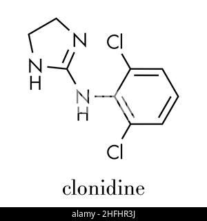 Clonidine drug molecule. Used in treatment of ADHD, hypertension, migraine, anxiety disorders, etc. Skeletal formula. Stock Vector