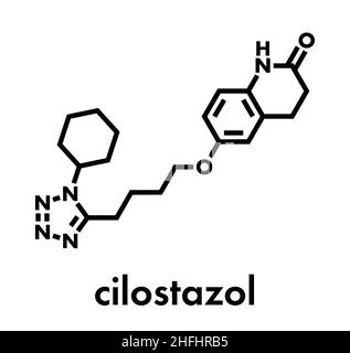 Molecola di farmaco per trattamento di claudicazione intermittente di Cilostazol. Inibitore della fosfodiesterasi (PDE3). Formula scheletrica. Illustrazione Vettoriale