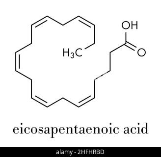 Acido Eicasapentaenoic (EPA, acido timnodonic molecola). Polinsaturo Omega-3 acido grasso, presente nell'olio di pesce. Formula di scheletro. Illustrazione Vettoriale
