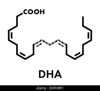 Acido docosaesaenoico (DHA, acido cervonic molecola). Polinsaturo Omega-3 di acidi grassi presenti nell'olio di pesce. Formula di scheletro. Illustrazione Vettoriale