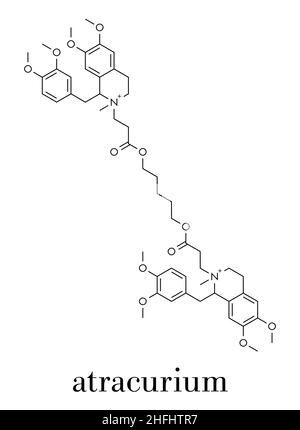 Atracurio muscolo scheletrico rilassante farmaco. Utilizzato come coadiuvante in anestesia e per indurre il rilassamento del muscolo scheletrico durante l'intervento chirurgico. Formula scheletrica. Illustrazione Vettoriale