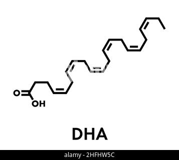 Acido docosaesaenoico (DHA, acido cervonic molecola). Polinsaturo Omega-3 di acidi grassi presenti nell'olio di pesce. Formula di scheletro. Illustrazione Vettoriale