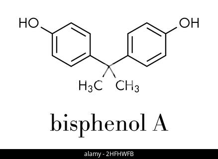 Molecola di sostanza inquinante plastica bisfenolo A (BPA). La sostanza chimica spesso presente in plastica di policarbonato, ha effetti di distruzione di estrogeni. Formula scheletrica. Illustrazione Vettoriale