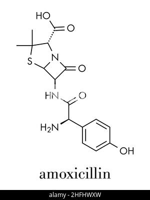 Amossicillina antibiotico betalattamico molecola di farmaco. Formula di scheletro. Illustrazione Vettoriale