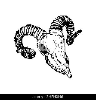 Capra cranio pixel art. Pixelated Goat testa scheletro. Illustrazione del vettore a 8 bit Illustrazione Vettoriale