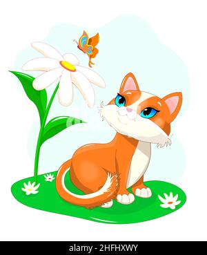 Cartoon kitten siede sul prato e guarda la farfalla sopra il fiore. Illustrazione Vettoriale
