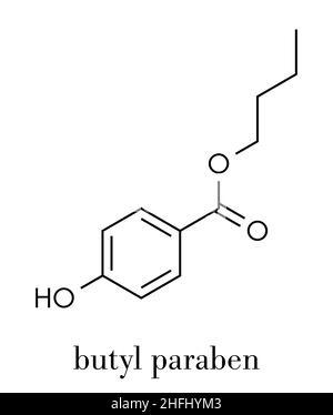 Molecola conservante butil paraben (butilparaben, butil4-idrossibenzoato). Formula scheletrica. Illustrazione Vettoriale