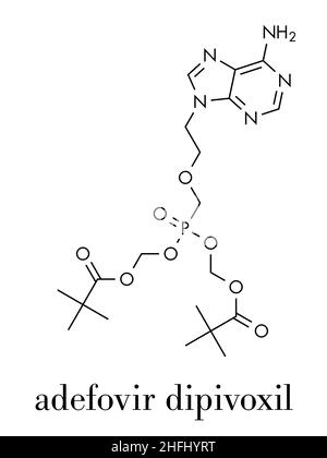 L Adefovir dipivoxil epatite B e virus di herpes simplex (HSV) molecola di farmaco. Formula di scheletro. Illustrazione Vettoriale