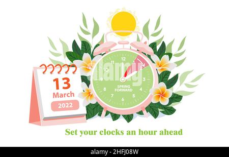 L'ora legale inizia dal 2022 marzo 13 Concept. Sveglia e calendario con data del 13 marzo su sfondo primaverile. Il testo del promemoria, impostare Illustrazione Vettoriale