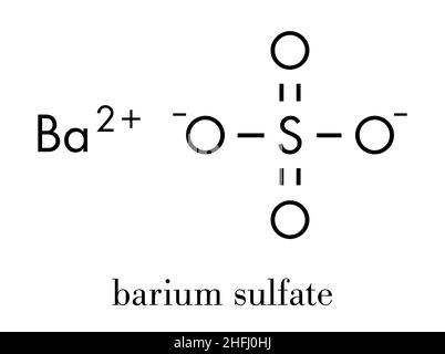 Solfato di bario (BaSO4) struttura cristallina. Usato come pigmento di vernice e agente di radiocontrasto. Formula scheletrica. Illustrazione Vettoriale