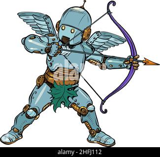 Robot Angelo Bambino Cupido con un arco e una freccia, un personaggio mitico d'amore Illustrazione Vettoriale