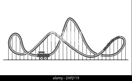 Silhouette con montagne russe. Pista di corsa nel parco divertimenti. Attrazione spaventosa. Illustrazione del contorno vettoriale Illustrazione Vettoriale
