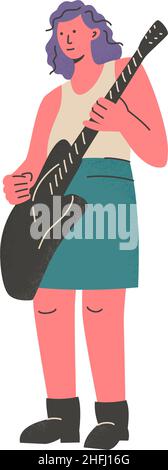 Donna che suona la chitarra, musicista professionista o immaturo, membro della band con chitarra elettrica o basso sul palco. Spettacolo musicale. Vettore Illustrazione Vettoriale