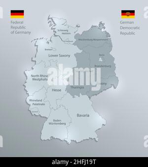 Germania mappa e bandiera divisa su Germania occidentale e orientale con regioni, disegno vetro scheda 3D vettore Illustrazione Vettoriale