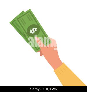Mano che tiene soldi. Dare soldi. Business successo, profitto, finanza, fare soldi concetto. Banconote con simbolo del dollaro. Illustrazione vettoriale Illustrazione Vettoriale