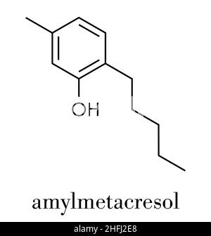 Molecola di farmaco antisettico di amilmetacresolo. Usato nei losanghe per trattare la gola irritata. Formula scheletrica. Illustrazione Vettoriale