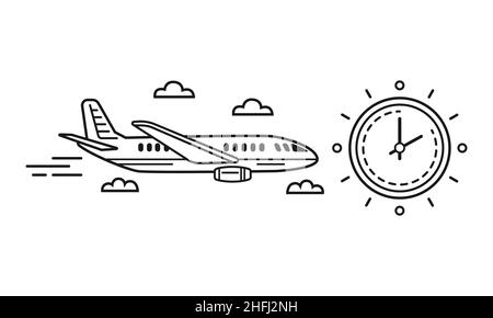 Orario del volo aereo orario del viaggio, ora di partenza o di arrivo, icona della linea di durata dell'aeromobile. Stato della data di volo. Prenotazione del biglietto aereo con timer. Vettore Illustrazione Vettoriale