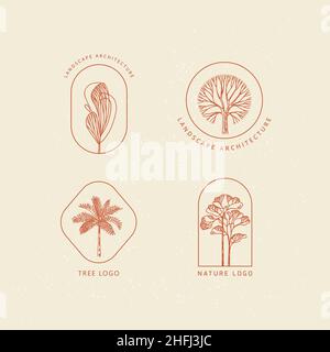 Set di pacchetto natura palma, albero logo vettore linea arte disegno minimalista. Illustrazione Vettoriale