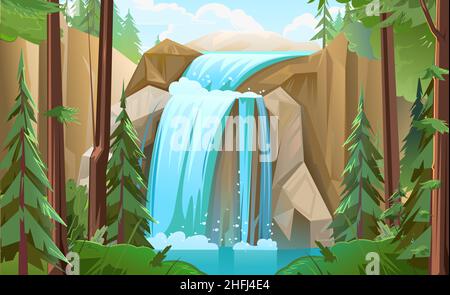 paesaggio con cascata tra le rocce. La cascata fruscii verso il basso. Flusso d'acqua. Bello stile cartoon. Design piatto. Vettore. Illustrazione Vettoriale