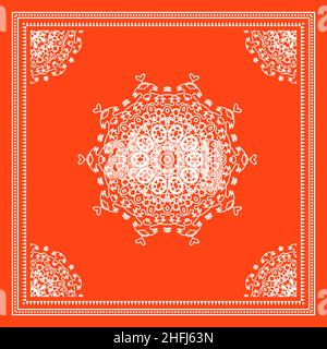 Red Bandana Shawl, stampa tessuto tovaglia, sciarpa collo di seta, disegno fazzoletto, ornamento Paisley, Modello quadrato Illustrazione Vettoriale
