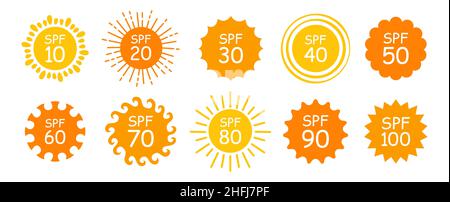 Set di cartelli per protezione solare. Solar Shine SPF suns difesa simbolo collezione. Spiaggia estiva sicura icona di abbronzatura. Protezione semplice dagli elementi vettoriali per raggi uv Illustrazione Vettoriale