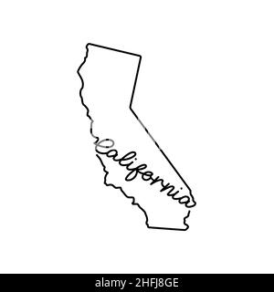 Mappa dello stato della California USA con il nome dello stato scritto a mano. Linea continua di segno di casa patriottica. Un amore per una piccola patria. T-shirt Illustrazione Vettoriale