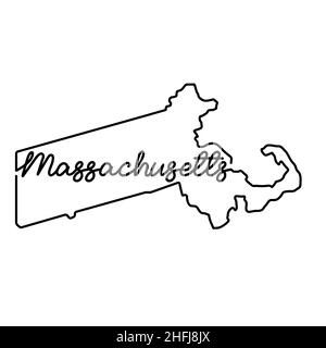 Mappa dello stato del Massachusetts USA con il nome dello stato scritto a mano. Linea continua di segno di casa patriottica. Un amore per una piccola patria. T-shi Illustrazione Vettoriale