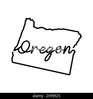 Mappa dello stato dell'Oregon USA con il nome dello stato scritto a mano. Linea continua di segno di casa patriottica. Un amore per una piccola patria. T-shirt prin Illustrazione Vettoriale