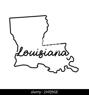 Mappa del profilo dello stato della Louisiana USA con il nome dello stato scritto a mano. Linea continua di segno di casa patriottica. Un amore per una piccola patria. T-shirt Illustrazione Vettoriale