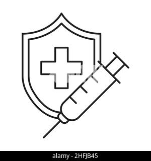 Vaccine Shield Icon Vector Healthcare e concetto medico per grafica, logo, sito web, social media, app mobile, Illustrazione dell'interfaccia utente Illustrazione Vettoriale