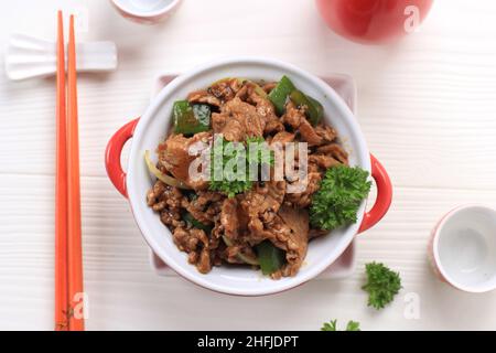 Top View Beef Black Pepper, Stir Fry Beef con paprika, cucina cinese Foto Stock