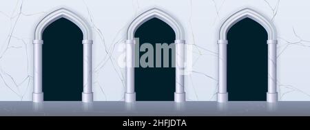 Archi in marmo bianco e colonne in antica architettura classica. Illustrazione vettoriale di cartoni animati della facciata d'epoca del castello, palazzo reale o tempio con terrazza e galleria Illustrazione Vettoriale