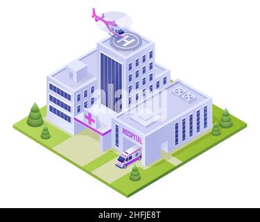 Ospedale isometrico edificio clinica con auto ambulanza, elicottero sul tetto e cespugli verdi. Medicina, infrastruttura sanitaria di infermeria della città, ufficio medico 3D illustrazione vettoriale, basso poly mappa icona Illustrazione Vettoriale