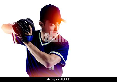 Lanciatore del giocatore di baseball in azione e concetti Foto Stock