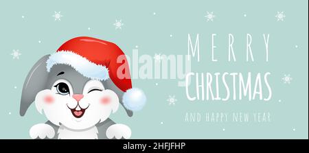 2023 anno di coniglio. Carino coniglietto di natale a santa Hat. Simbolo di Capodanno cinese. Biglietto di auguri per le feste. Illustrazione vettoriale isolata su bianco Illustrazione Vettoriale