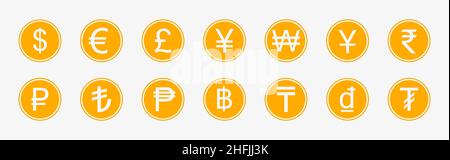 Monete d'oro vettoriali con vari simboli di valuta Illustrazione Vettoriale