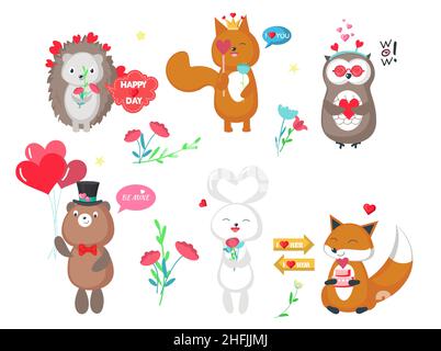 Animali della foresta carino in amore, illustrazione vettoriale. Orso divertente, hedgehog, scoiattolo, volpe, gufo, coniglio con cuori, palloncini Illustrazione Vettoriale