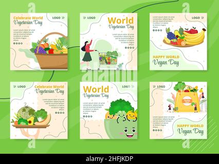 World Vegetarian Day Post Template Flat Design Illustrazione Editabile di sfondo quadrato adatto per i social media o biglietti di auguri Illustrazione Vettoriale