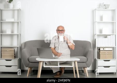 Amministratore delegato anziano con tazza di tè. Uomo caucasico maturo a casa. Ritratto di fidato uomo d'affari senior in ufficio moderno. Sociale senior Foto Stock