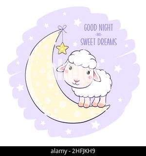 Carino agnello sulla luna. Iscrizione buona notte e sogni dolci. Cartoon pecorina a mezzaluna. Può essere utilizzato per stampe di t-shirt infantile, infermiere Illustrazione Vettoriale