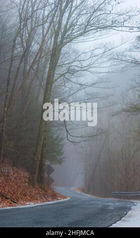 Una strada secondaria tortuosa in una nebbiosa giornata invernale, attraverso le montagne Taconic. Bash Bish Falls State Park, Mount Washington, Massachusetts. Foto Stock