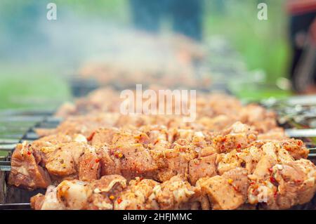 Cucina di carne con fumo di carboni, attività ricreative all'aperto. Ricetta europea per barbecue con succosa maiale. Foto Stock
