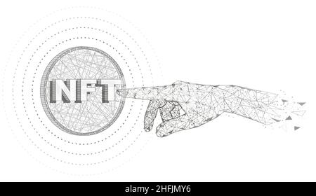 NFT Hand touch, illustrazione grafica vettoriale poligonale. Gettoni non fungibili, cripto art. Illustrazione Vettoriale