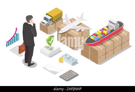 Uomo d'affari che sceglie trasporto del carico e azienda logistica. Trasporto marittimo, aereo, trasporto merci su strada, illustrazione isometrica vettoriale Illustrazione Vettoriale