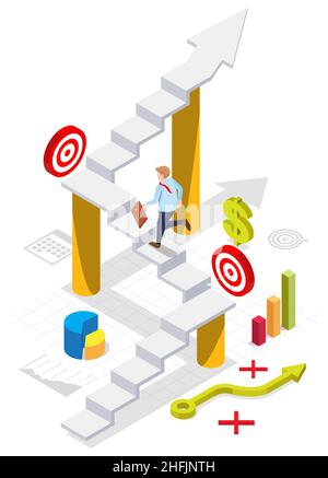 Uomo d'affari che sale le scale fino al target d'affari, illustrazione isometrica vettoriale. Punti a obiettivo, percorso a successo, carriera Illustrazione Vettoriale