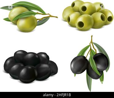 3d set di icone vettoriali realistiche. Olive verdi e nere. Isolato su sfondo bianco. Illustrazione Vettoriale