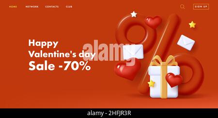 Poster di vendita del giorno di San Valentino con grande segno rosso del 3D% e scatola regalo con cuori e lettere d'amore buste su sfondo rosso Illustrazione Vettoriale